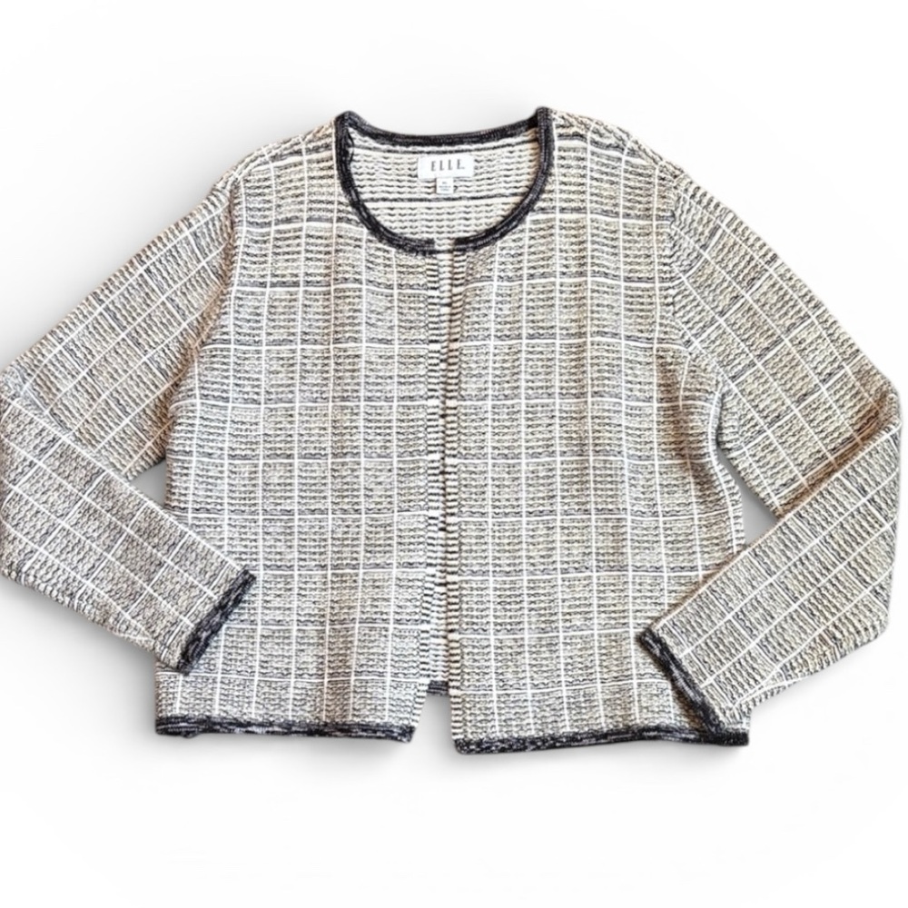 ELLE Boucle Knit Open Jacket Cardigan Women's XL Ivory Black